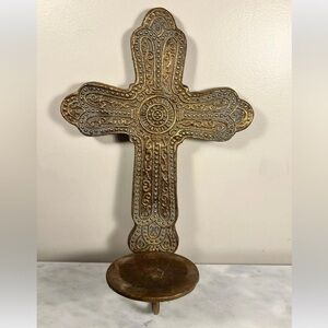 Vintage Cast Metal Ornate Wall Sconce Cross Candle Holder